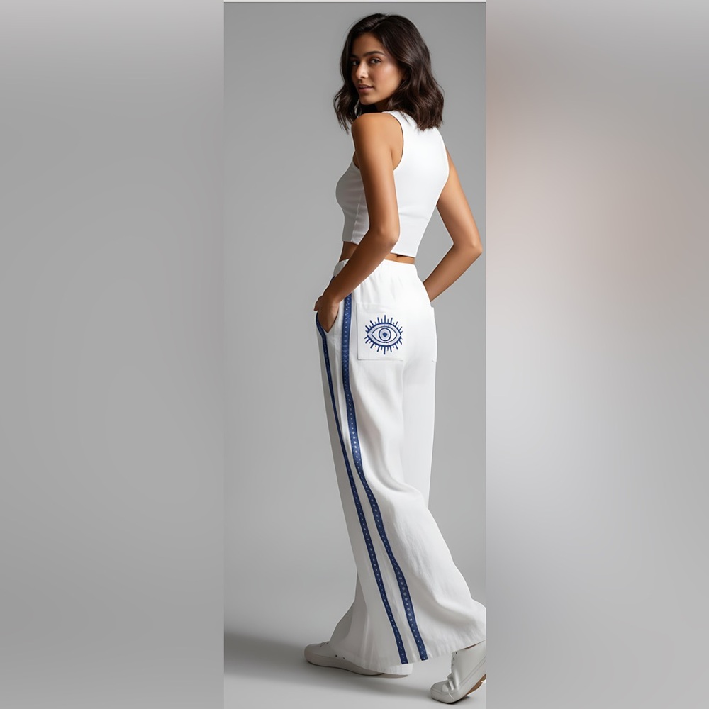 Embroidered Pocket Eye Pattern Cotton Wide Leg Pant - Picture 1 of 14